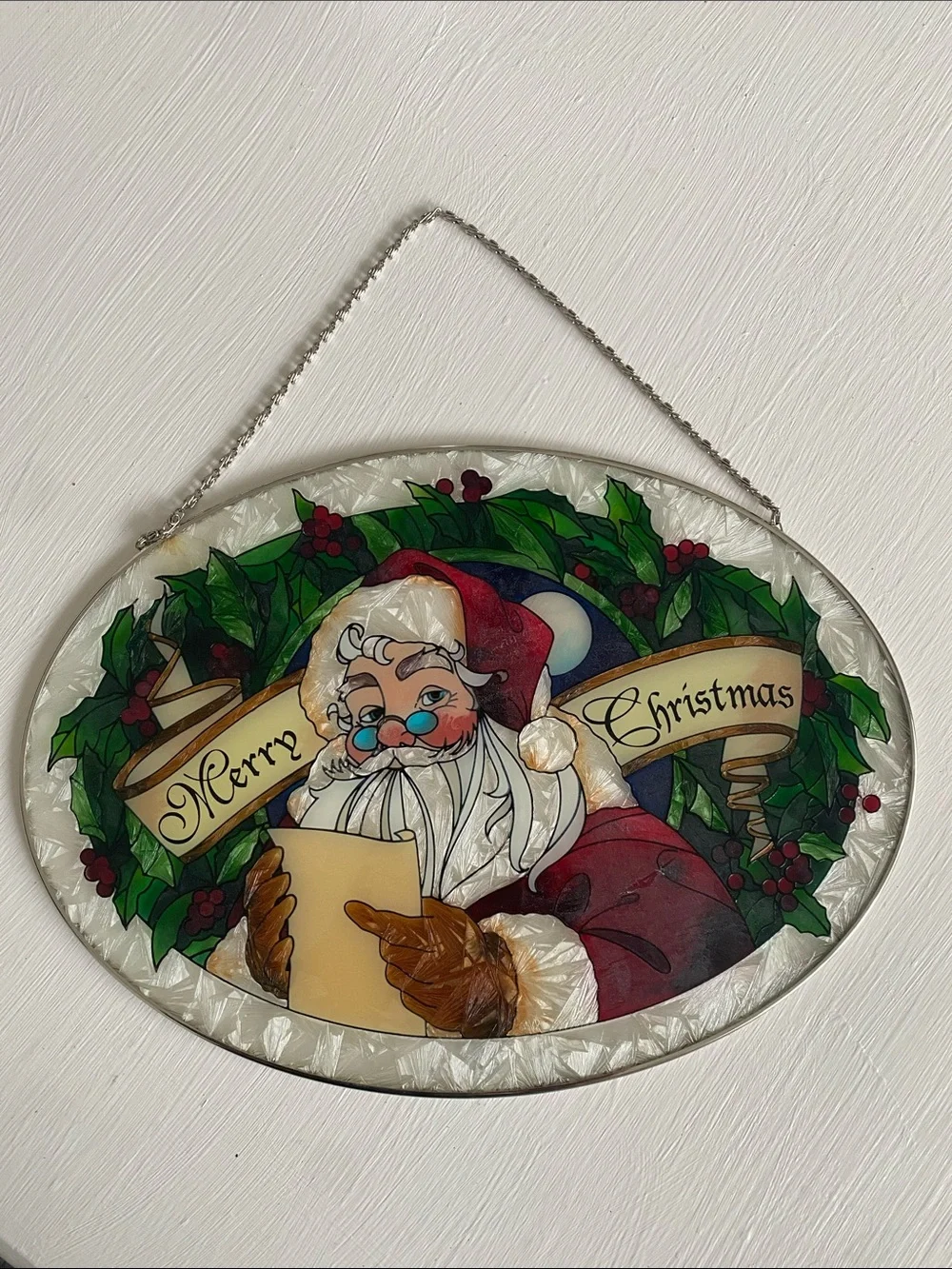 Santa Claus Stained Glass Style Holiday Wall Hanging Art Panel, Santa's List NWT